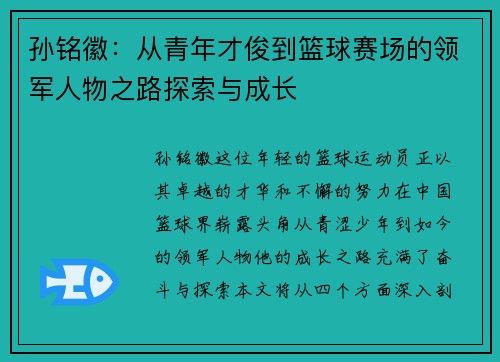 孙铭徽：从青年才俊到篮球赛场的领军人物之路探索与成长